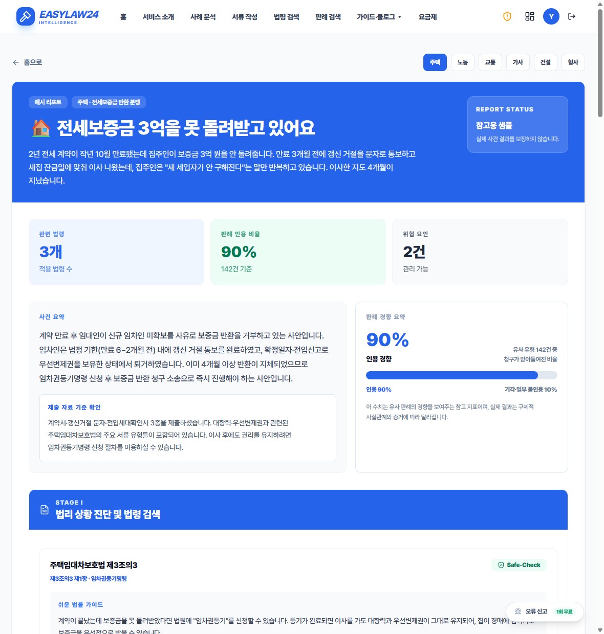 분석 결과 리포트 예시 — 관련 법령, 판례 인용 비율, 위험 요인, 단계별 진단
